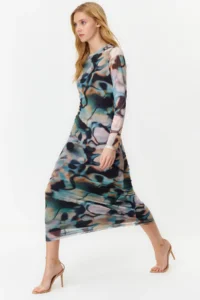 TRENDYOLMİLLA BLUE Low-cut back Long Sleeve Printed Tulle Flexible Knitting Pen Dress - Image 3