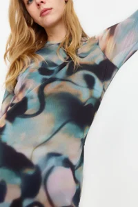TRENDYOLMİLLA BLUE Low-cut back Long Sleeve Printed Tulle Flexible Knitting Pen Dress - Image 4