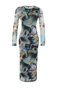 TRENDYOLMİLLA BLUE Low-cut back Long Sleeve Printed Tulle Flexible Knitting Pen Dress - Image 7