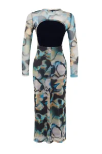TRENDYOLMİLLA BLUE Low-cut back Long Sleeve Printed Tulle Flexible Knitting Pen Dress - Image 8