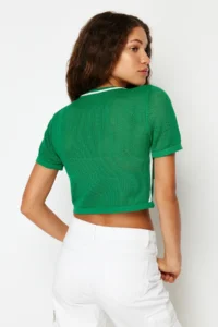 TRENDYOLMİLLA Green Crop Cellular/Perforated T-Shirt Look Knitwear Sweater - Image 7