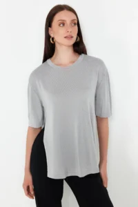 TRENDYOLMİLLA Gray Short Sleeve Knitwear Sweater - Image 2