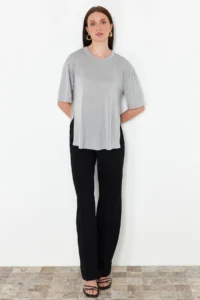 TRENDYOLMİLLA Gray Short Sleeve Knitwear Sweater - Image 3