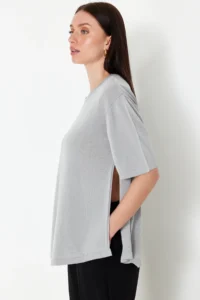 TRENDYOLMİLLA Gray Short Sleeve Knitwear Sweater - Image 4