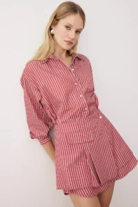 TRENDYOLMİLLA Burgundy Striped Shirt Detailed Mini Weaving Dress - Image 2
