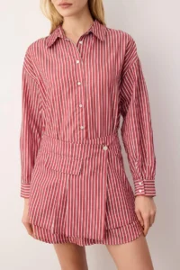 TRENDYOLMİLLA Burgundy Striped Shirt Detailed Mini Weaving Dress - Image 3