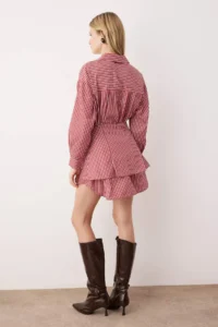 TRENDYOLMİLLA Burgundy Striped Shirt Detailed Mini Weaving Dress - Image 4