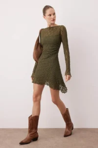 TRENDYOLMİLLA Khaki  Low-cut back Asymmetric Detailed Mini/Short Lace Flexible Knitting Dress - Image 2