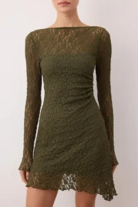 TRENDYOLMİLLA Khaki  Low-cut back Asymmetric Detailed Mini/Short Lace Flexible Knitting Dress - Image 3