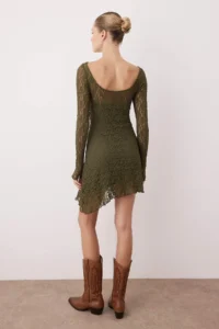 TRENDYOLMİLLA Khaki  Low-cut back Asymmetric Detailed Mini/Short Lace Flexible Knitting Dress - Image 4