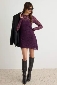 TRENDYOLMİLLA Plum Low-cut back Asymmetric Detailed Mini/Short Lace Flexible Knitting Dress