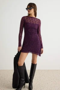 TRENDYOLMİLLA Plum Low-cut back Asymmetric Detailed Mini/Short Lace Flexible Knitting Dress - Image 3