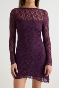 TRENDYOLMİLLA Plum Low-cut back Asymmetric Detailed Mini/Short Lace Flexible Knitting Dress - Image 4