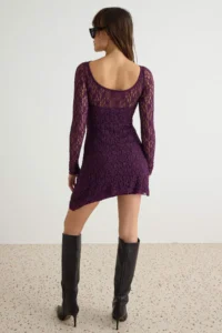 TRENDYOLMİLLA Plum Low-cut back Asymmetric Detailed Mini/Short Lace Flexible Knitting Dress - Image 5