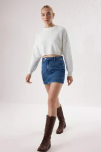 TRENDYOLMİLLA DARK BLUE More Sustainable High Waist Mini DENIM Shorts Skirt - Image 5