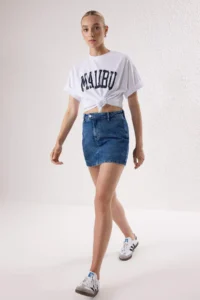TRENDYOLMİLLA DARK BLUE More Sustainable High Waist Mini DENIM Shorts Skirt - Image 6