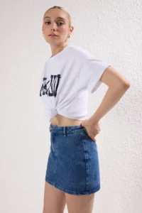 TRENDYOLMİLLA DARK BLUE More Sustainable High Waist Mini DENIM Shorts Skirt - Image 7