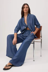 TRENDYOLMİLLA BLUE FLOATED Thin Material DENIM Bottom - Top Set - Image 2