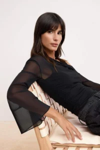 TRENDYOLMİLLA Black Fitted Asymmetric Collar Double Look Shirred Tulle Knitting Blouse - Image 2