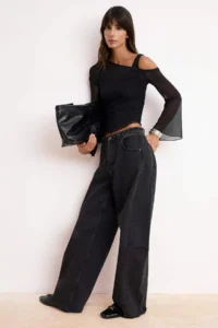 TRENDYOLMİLLA Black Fitted Asymmetric Collar Double Look Shirred Tulle Knitting Blouse - Image 3