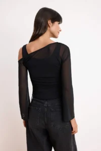 TRENDYOLMİLLA Black Fitted Asymmetric Collar Double Look Shirred Tulle Knitting Blouse - Image 4
