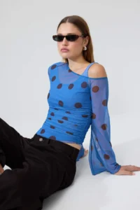 TRENDYOLMİLLA BLUE Polka Dot Fitted Asymmetric Collar LONG Shirred Crop Tulle Double Layer Knitting Blouse - Image 2