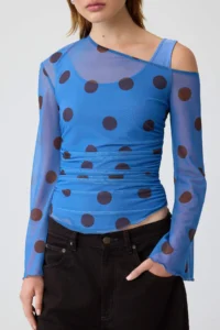 TRENDYOLMİLLA BLUE Polka Dot Fitted Asymmetric Collar LONG Shirred Crop Tulle Double Layer Knitting Blouse - Image 3