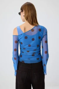 TRENDYOLMİLLA BLUE Polka Dot Fitted Asymmetric Collar LONG Shirred Crop Tulle Double Layer Knitting Blouse - Image 4