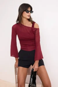 TRENDYOLMİLLA Burgundy Fitted Asymmetric Collar Double Look Shirred Tulle Knitting Blouse - Image 2