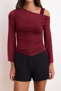 TRENDYOLMİLLA Burgundy Fitted Asymmetric Collar Double Look Shirred Tulle Knitting Blouse - Image 3