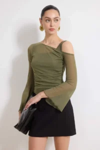 TRENDYOLMİLLA Khaki Fitted Asymmetric Collar Double Look Shirred Tulle Knitting Blouse - Image 2