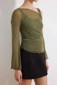 TRENDYOLMİLLA Khaki Fitted Asymmetric Collar Double Look Shirred Tulle Knitting Blouse - Image 3