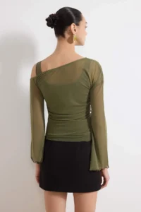 TRENDYOLMİLLA Khaki Fitted Asymmetric Collar Double Look Shirred Tulle Knitting Blouse - Image 4