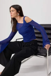 TRENDYOLMİLLA Saks BLUE Fitted Asymmetric Collar Double Look Shirred Tulle Knitting Blouse - Image 2