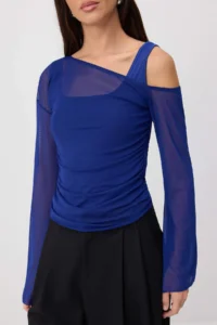TRENDYOLMİLLA Saks BLUE Fitted Asymmetric Collar Double Look Shirred Tulle Knitting Blouse - Image 3