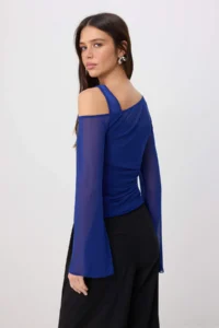 TRENDYOLMİLLA Saks BLUE Fitted Asymmetric Collar Double Look Shirred Tulle Knitting Blouse - Image 4