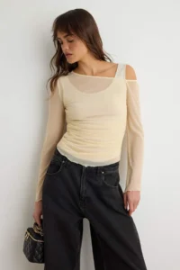 TRENDYOLMİLLA Stone Fitted Asymmetric Collar Long Sleeve Shirred Tulle Knitting Blouse