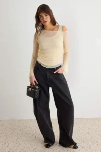 TRENDYOLMİLLA Stone Fitted Asymmetric Collar Long Sleeve Shirred Tulle Knitting Blouse - Image 2