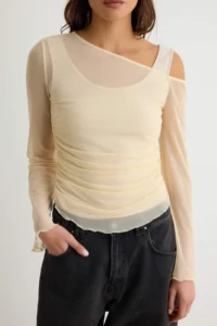 TRENDYOLMİLLA Stone Fitted Asymmetric Collar Long Sleeve Shirred Tulle Knitting Blouse - Image 3