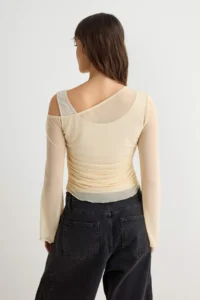 TRENDYOLMİLLA Stone Fitted Asymmetric Collar Long Sleeve Shirred Tulle Knitting Blouse - Image 4