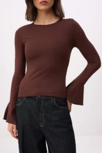 TRENDYOLMİLLA Brown Fitted/Fitted with flywheel/Frilly Soft Knitting Blouse - Image 3