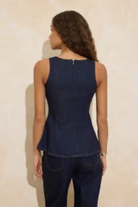 TRENDYOLMİLLA DARK BLUE Sleeveless peplum 100% Cotton DENIM Blouse - Image 4