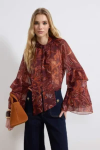TRENDYOLMİLLA Burgundy Shawl Patterned Sleeves Frilly Boho Transparent Siphon Blouse