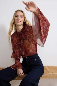 TRENDYOLMİLLA Burgundy Shawl Patterned Sleeves Frilly Boho Transparent Siphon Blouse - Image 2