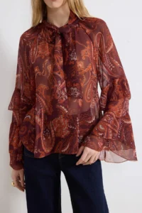 TRENDYOLMİLLA Burgundy Shawl Patterned Sleeves Frilly Boho Transparent Siphon Blouse - Image 3