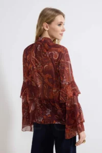 TRENDYOLMİLLA Burgundy Shawl Patterned Sleeves Frilly Boho Transparent Siphon Blouse - Image 4