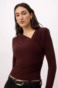 TRENDYOLMİLLA Brown Fitted Asymmetric Collar Long Sleeve Flexible Knitting Blouse - Image 2