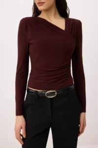 TRENDYOLMİLLA Brown Fitted Asymmetric Collar Long Sleeve Flexible Knitting Blouse - Image 3