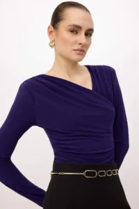 TRENDYOLMİLLA Purple Fitted Asymmetric Collar Long Sleeve Flexible Knitting Blouse - Image 2