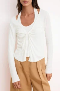 TRENDYOLMİLLA Ecru Fitted V-neck Long Sleeve Soft Knitting Blouse - Image 3